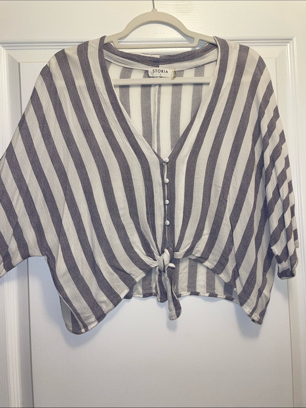 Storia White and Lavender Striped Tie-Front Blouse
